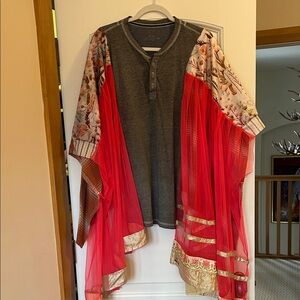 Upcycled Gray Henley Top with Red Floral Kimono Sleeves